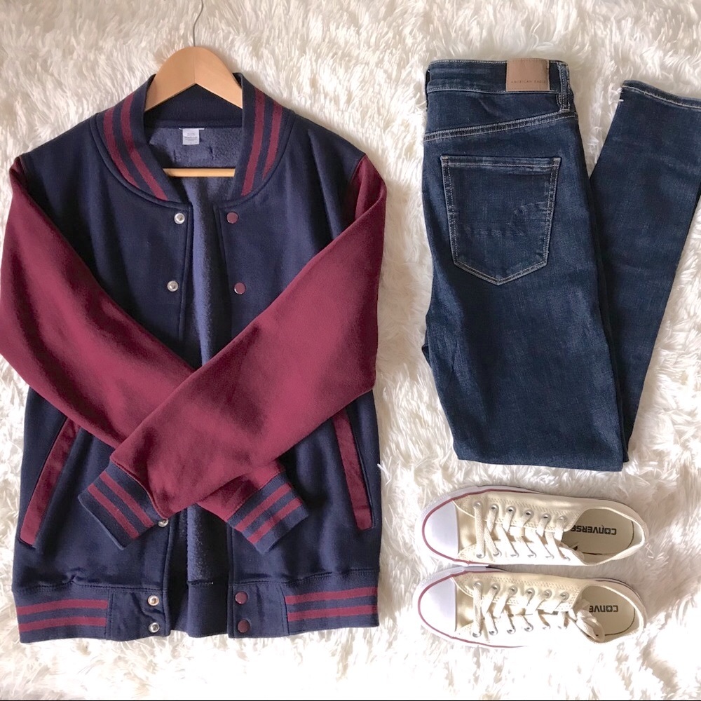🔥 Burgundy Navy Varsity Baseball Jacket - S 🔥